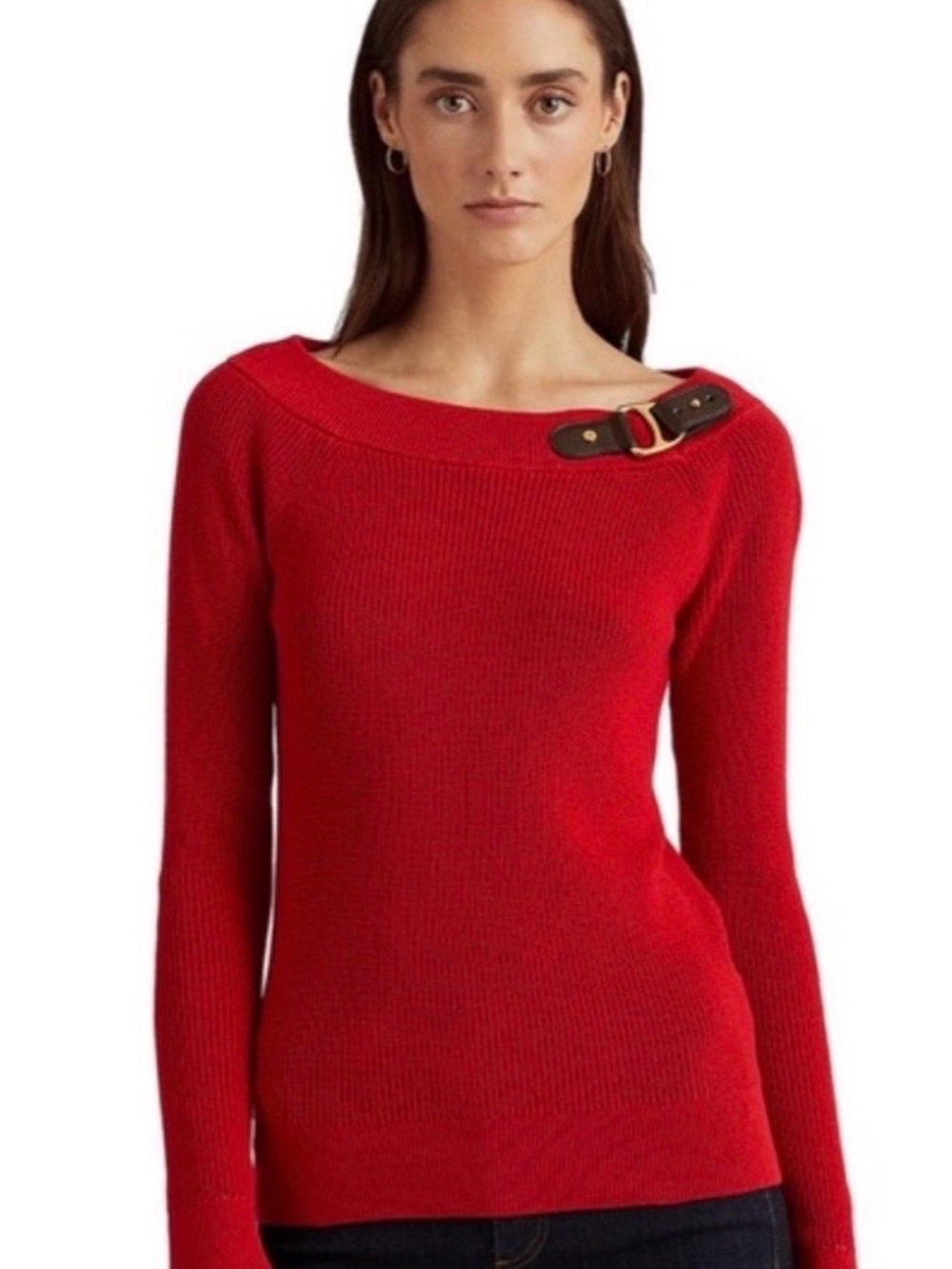 Lauren Ralph Lauren Red Off-Shoulder Sweater with Buckle Strap